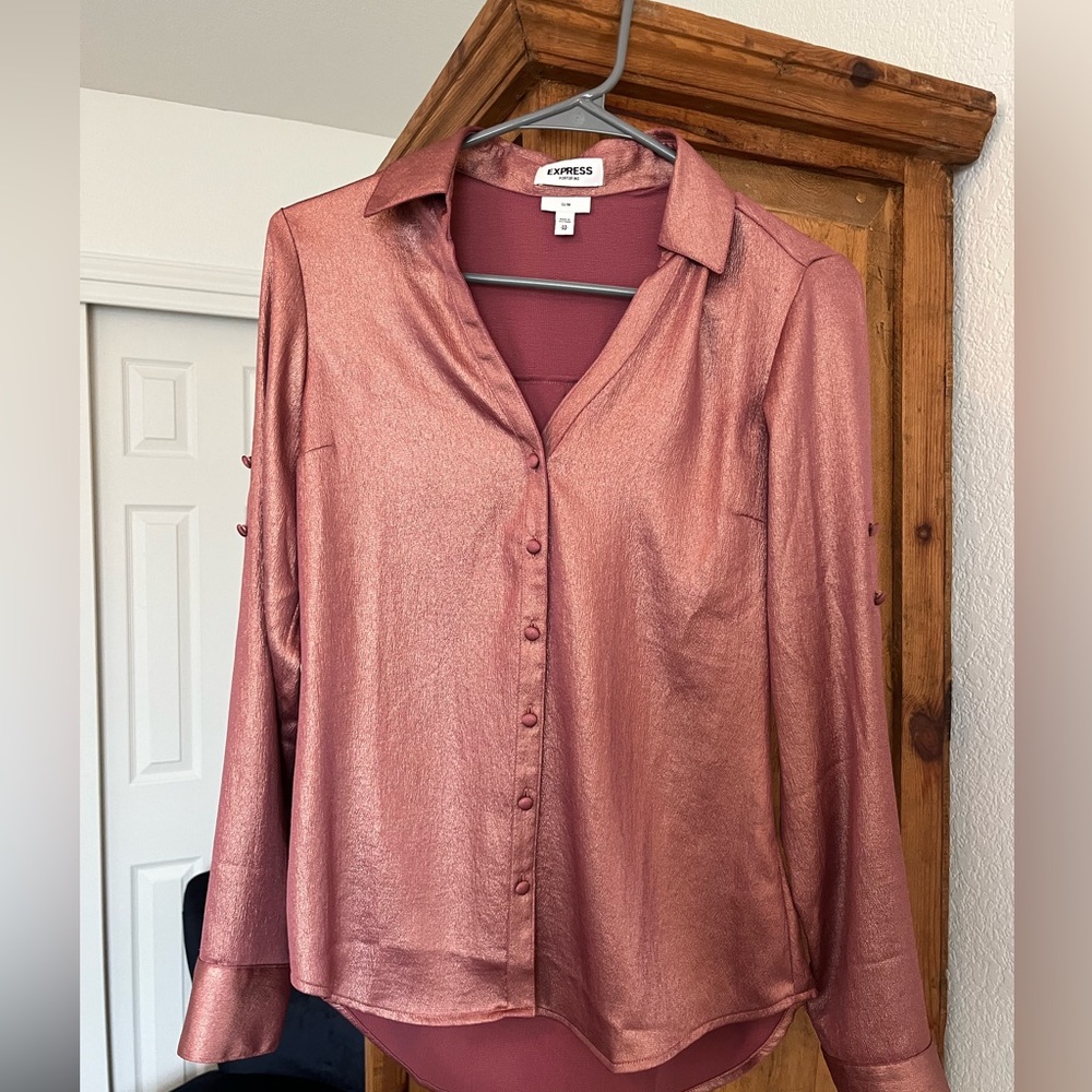 Metallic rose slim fit Express portofino button up
